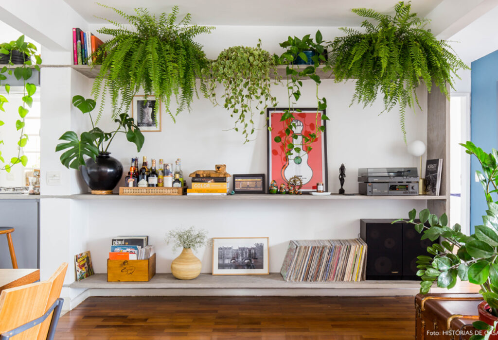 Prateleiras Flutuantes com plantas pendentes